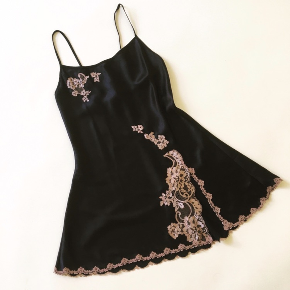 Black Satin Nude Lace Slip Victoria’s Secret XS